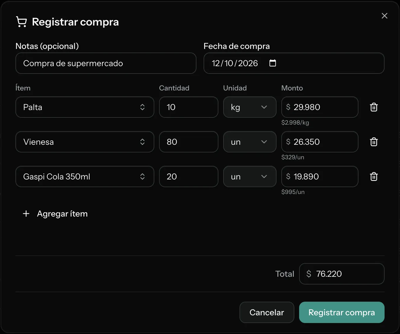 Ventana Registrar compra de nufood con tres ítems (palta, vienesa y Gaspi Cola 350ml): cantidad, unidad, monto pagado, precio por kilo o por unidad y total de la compra
