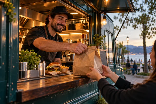 Persona entregando un pedido por la ventanilla de un food truck al atardecer.
