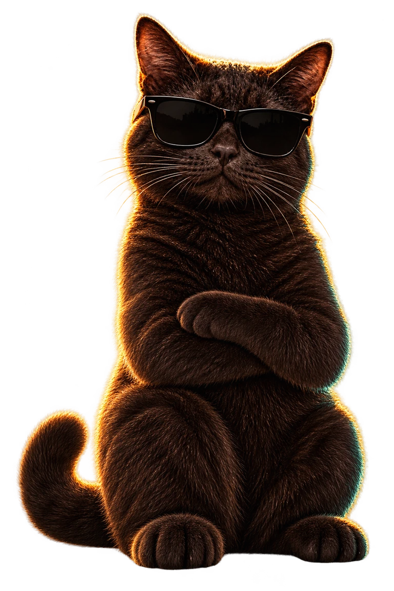 Gaspi, el gato de nufood, con lentes oscuros y las patas cruzadas